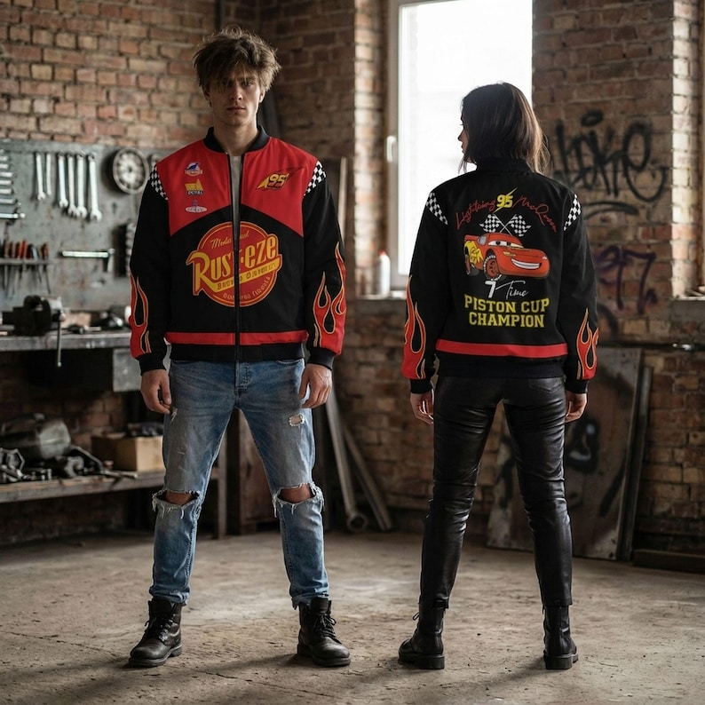 Vintage Lightning Mcqueen 95 Fleece Bomber Jacket, Rust-Eze Cars Piston Cup Champion Racing Jacket, Radiator Springs, Disneyland Family Trip image 4