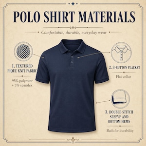 May include: Navy blue polo shirt with a 3-button placket and flat collar. The shirt is made of textured pique knit fabric, 95% polyester and 5% spandex. Features double-stitch sleeve and bottom hems. The image text reads: "POLO SHIRT MATERIALS."