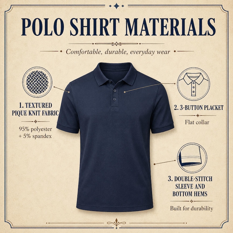 May include: Navy blue polo shirt with a 3-button placket and flat collar. The shirt is made of textured pique knit fabric, 95% polyester and 5% spandex. Features double-stitch sleeve and bottom hems. The image text reads: "POLO SHIRT MATERIALS."