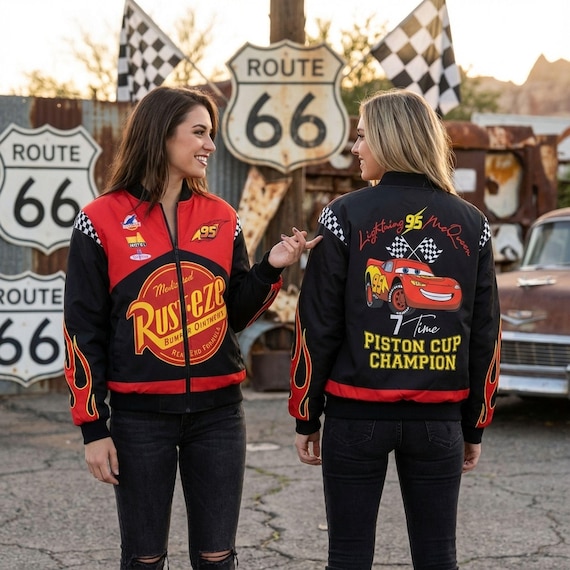 Vintage Lightning Mcqueen 95 Fleece Bomber Jacket, Rust-Eze Cars Piston Cup Champion Racing Jacket, Radiator Springs, Disneyland Family Trip