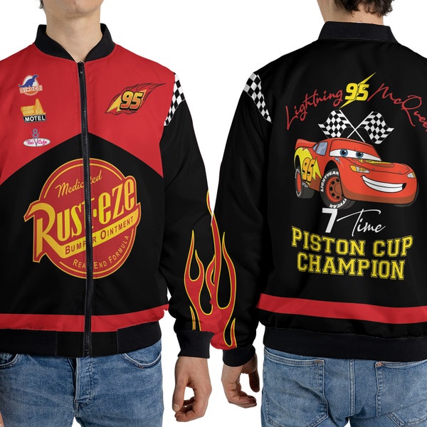 Vintage Lightning Mcqueen 95  Fleece Bomber Jacket, Rust-Eze Cars Piston Cup Champion Streetwear Jacket, land Family Trip Gift