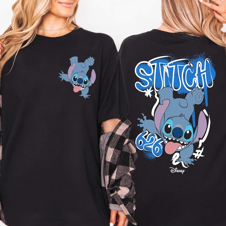 Camiseta de Stitch con grafiti de doble cara, camiseta divertida del experimento 626, camiseta de Lilo y Stitch, atuendo para viaje familiar a Disneyland, regalo para fans de Stitch imagen 1