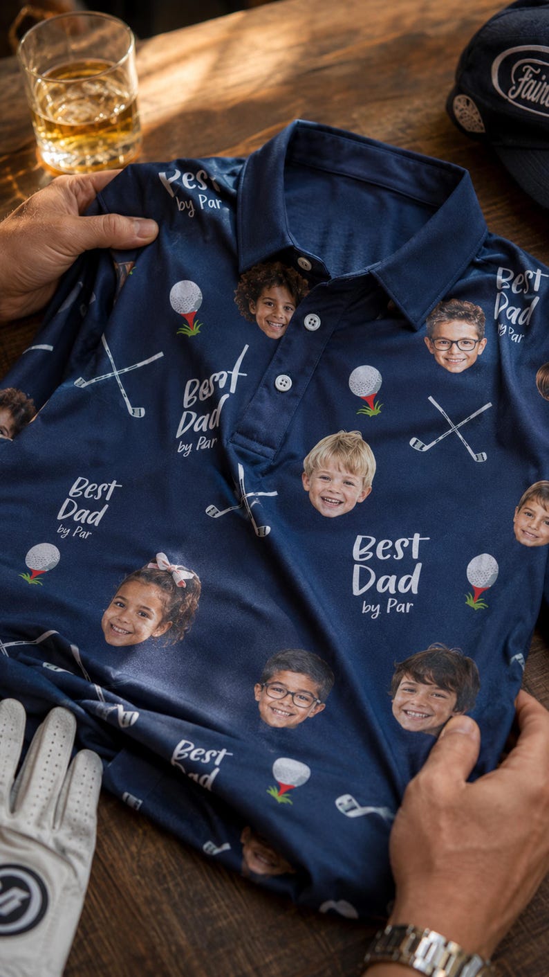 May include: Navy blue golf polo shirt with a pattern of children's faces, golf balls, and crossed golf clubs. The text "Best Dad by Par" is printed on the shirt. A golf glove and a Fairway cap are also visible.