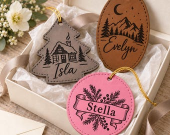 Custom Name Christmas Leatherette Ornament, Personalized Holiday Keepsake, Engraved Tree Hanging Decor, Xmas Gift for Family