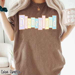 Puede incluir: Camiseta color espresso con la palabra "Disneyland" en un dise&ntilde;o de bloques verticales coloridos. El texto est&aacute; en una fuente vintage con una combinaci&oacute;n de colores pastel. La camiseta es de color liso y tiene un corte holgado.
