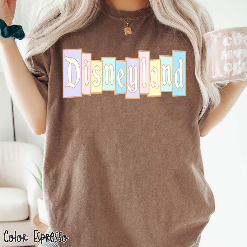 Puede incluir: Camiseta color espresso con la palabra "Disneyland" en un dise&ntilde;o de bloques verticales coloridos. El texto est&aacute; en una fuente vintage con una combinaci&oacute;n de colores pastel. La camiseta es de color liso y tiene un corte holgado.