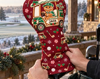 Custom Name Christmas Golf Club Cover, Personalized Gingerbread Golf Cart Headcover, Holiday Dad Gift, Xmas Gift for Golfer