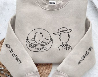 Woody Buzz Lightjahre To Infinity And Darüber hinaus Sweatshirt, Toy Story Line Art Embroidery Pullover, Disneyland Friends Trip