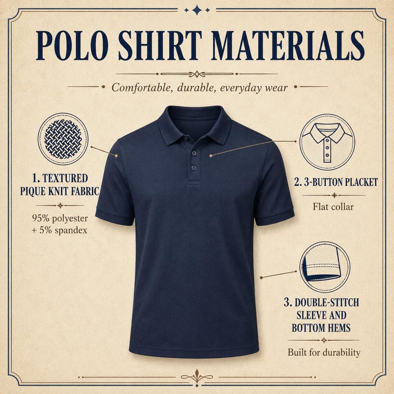 May include: A navy blue polo shirt with a 3-button placket and flat collar. The shirt is made of textured pique knit fabric, 95% polyester and 5% spandex. Features double-stitch sleeve and bottom hems. The image text reads: "POLO SHIRT MATERIALS".