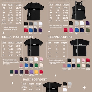 May include: Size and color chart for Bella V-neck shirts, Racerback Women's Tanks, Bella Youth Shirts, Toddler Shirts, and Baby Bodysuits. The chart includes size, width, and length measurements in inches. The chart also includes a variety of colors for each garment type.