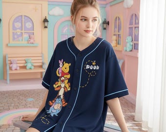 Camiseta de béisbol retro de Winnie the Pooh de Disney, lindo conjunto deportivo de Pooh y sus amigos, Bosque de los Cien Acres, regalos del equipo de béisbol de Disneyland