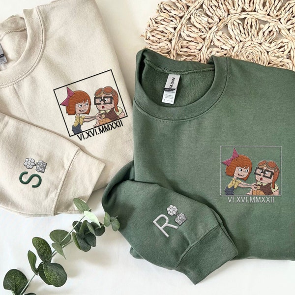 Custom Embroidered Carl And Ellie Roman Numeral Sweatshirt,  Up Movie Couple Matching Sweater, Initial On Sleeve, Anniversary Gift