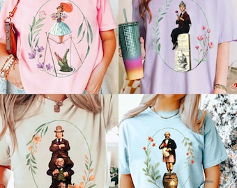 Koszulka z nadrukiem "Nawiedzony Dwór" w pokoju do rozciągania, w komfortowych kolorach, pasująca do całej rodziny koszulka Disney Halloween, sezon upiorów Disneyland