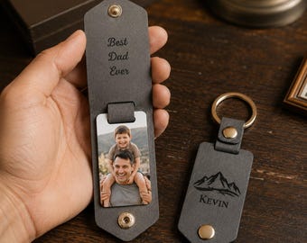 Custom Dad Name Leather Keychain, Personalized Photo Keyring, Best Dad Ever Gift, Christmas Gift For Him, Husband Birthday Gift
