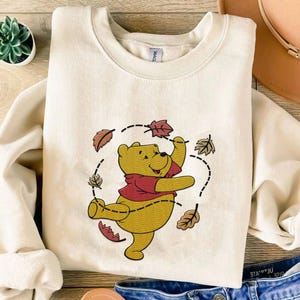 Embroidered Pooh Bear Autumn Leaves Sweatshirt, Winnie The Pooh Embroidery Sweater, Disney Fall Vibes Shirt, Disneyland Fall Season Trip