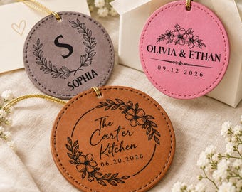 Custom Name Date Leatherette Christmas Ornament, Personalized Family Keepsake, Engraved Floral Monogram Ornament Gift, Wedding Decor