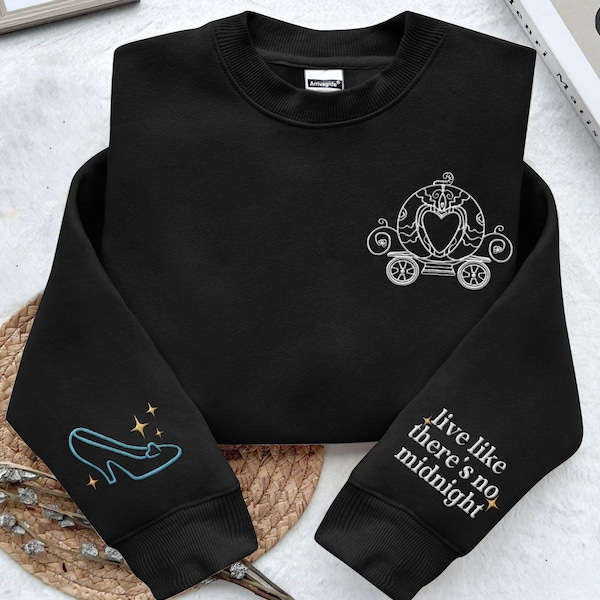 Embroidered Sleeve Cinderella Glass Slipper Pumpkin Carriage Sweatshirt, Live Like There's No Midnight,  Princess Embroidery Sweater