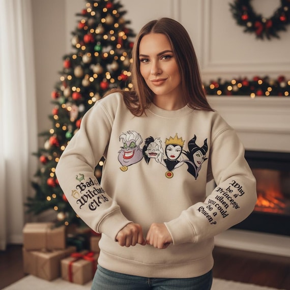 Embroidered Disney Villain Bad Witches Club Why Be Princess Sweatshirt, Embroidery Maleficent Evil Queen Ursula Cruella Sweater