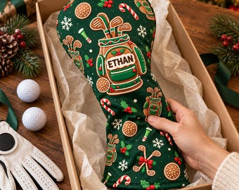 Custom Name Christmas Golf Headcover, Personalized Gingerbread Golf Club Cover, Holiday Gift for Golfer, Dad Christmas Gift