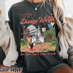 Puede incluir: Sudadera color pimienta con un colorido gr&aacute;fico de Disney World. El dise&ntilde;o incluye el texto "FLORIDA Est. 1971" y "Disney World" con ilustraciones de lugares emblem&aacute;ticos del parque y Mickey Mouse. Tambi&eacute;n incluye la frase "The Most Magical Place On Earth".