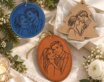 Custom Couple Portrait Engraved Leatherette Ornament, Personalized Photo Wedding Keepsake, Christmas Newlywed Home Decor, Anniversary Gift