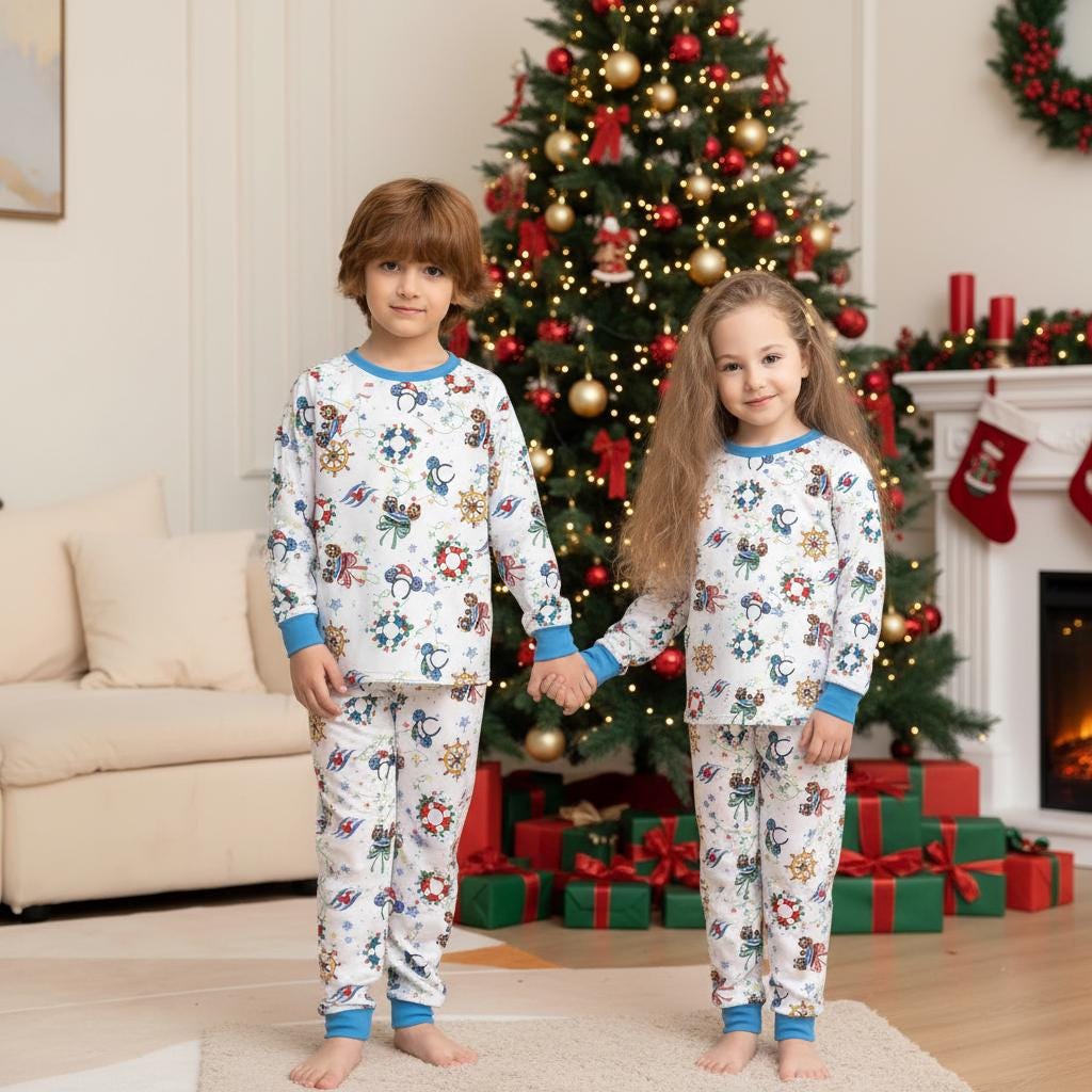 Discover Disney Cruise Line Christmas Lights Pajamas, Mickey and Friends Coquette Bow Holiday Sleepwear