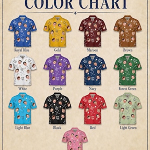May include: A color chart displays polo shirts in various colors, including royal blue, gold, maroon, and brown. Each shirt features a repeating pattern of faces, golf balls, and the text "Best Dad!". Additional colors include white, purple, navy, forest green, light blue, black, red, light green, and pink.