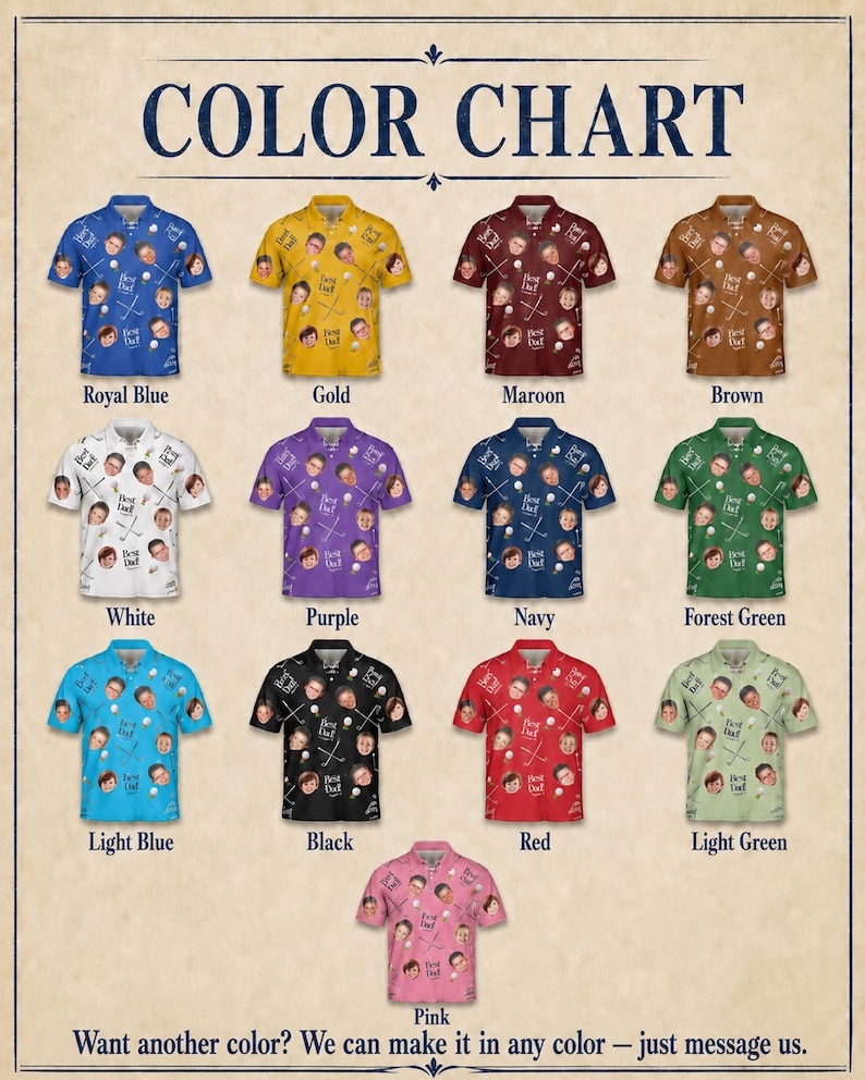 May include: A color chart displays polo shirts in various colors, including royal blue, gold, maroon, and brown. Each shirt features a repeating pattern of faces, golf balls, and the text "Best Dad!". Additional colors include white, purple, navy, forest green, light blue, black, red, light green, and pink.