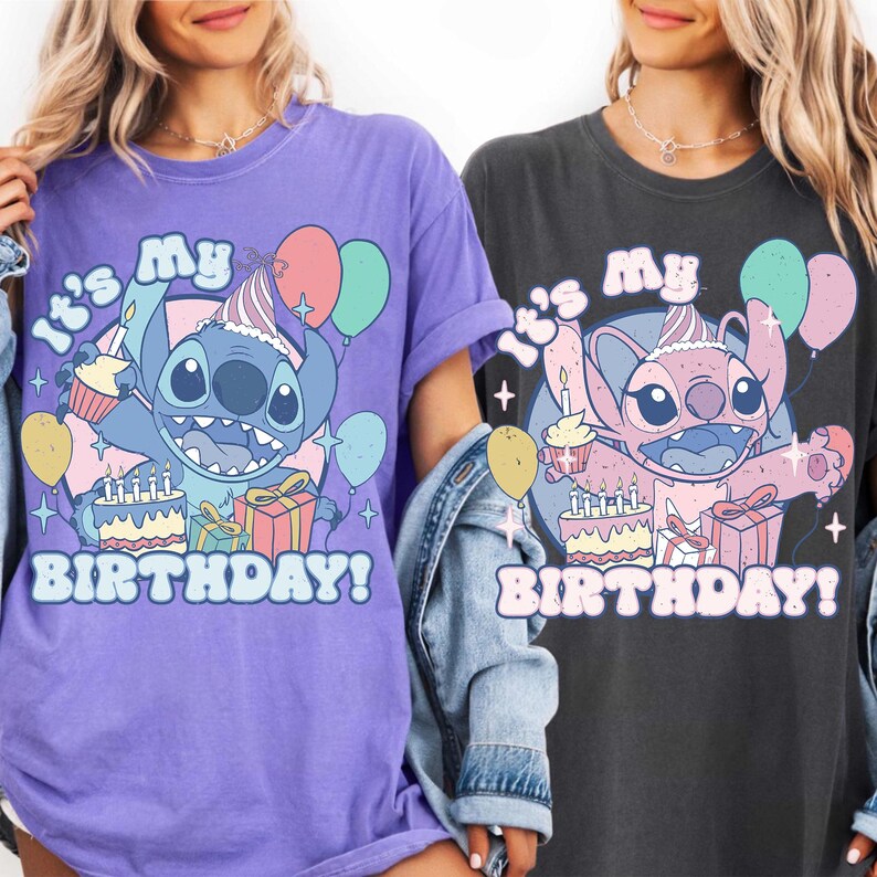 May include: Two t-shirts, one purple and one charcoal, each featuring a cartoon character with a birthday cake, balloons, and the text "It's My Birthday!". The character is wearing a party hat.