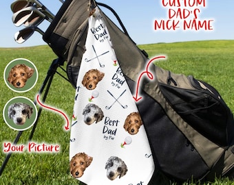 Benutzerdefiniertes Golf-Handtuch mit Hundegesicht-Fotoporträt, bester Hundevater durch Par-Handtuch, Vatertagsgeschenk für Golf-Vati, personalisierte Golf-Liebhaber-Geschenke