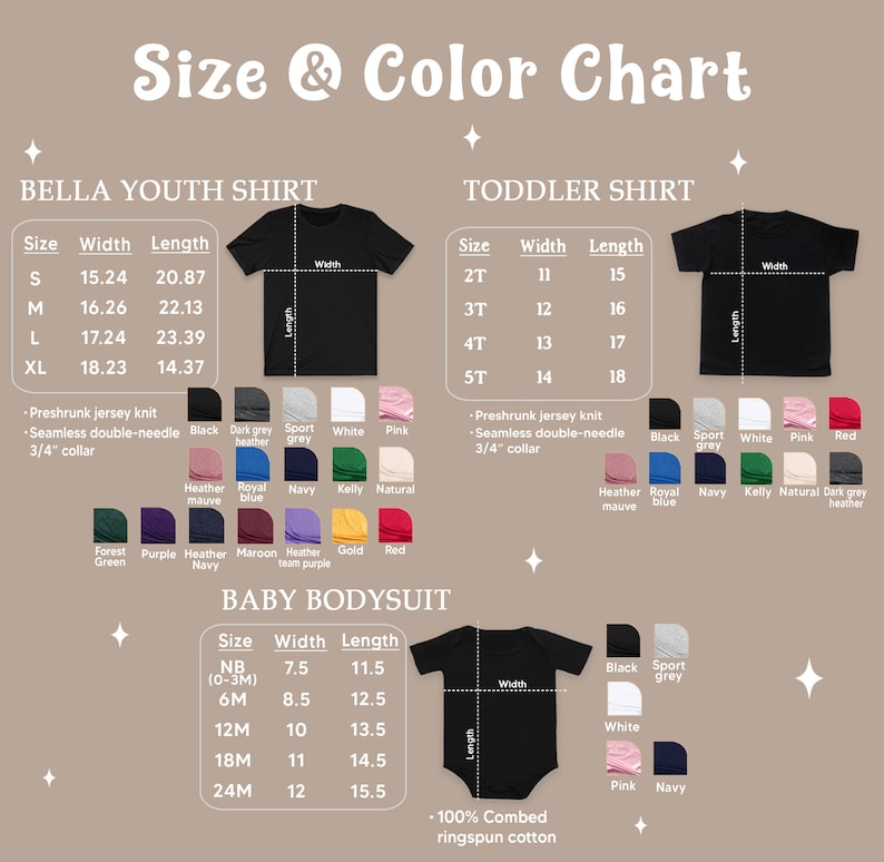 May include: Size and color chart for Bella youth shirts, toddler shirts, and baby bodysuits. Includes size, width, and length measurements in inches. Color swatches are displayed below each shirt type, with a variety of colors available.