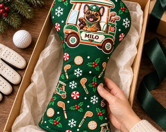 Custom Pet Name Photo Christmas Golf Club Cover, Personalized Pet Portrait Gingerbread Golf Cart Headcover, Xmas Gift for Golfer & Pet Lover