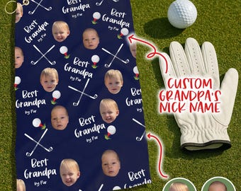 Best Grandpa By Par Golf Towel With Custom Kid Face Photo, Funny Fathers&#39; Day Gift Ideas, Golf Dad Gifts, Personalized Towel For Golf Lovers