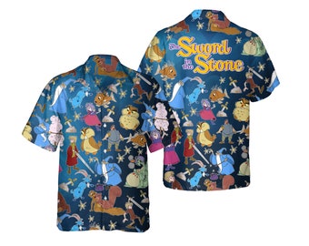 Hawajska koszula z postaciami z filmu „Miecz w kamieniu”, Archimedes, Madame Mim Merlin, Hawajska koszula w stylu retro, Rodzinna letnia wycieczka do Disneylandu