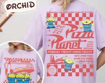 Camiseta de dos caras de Pizza Planet: comida y diversión extraterrestres, puerto espacial, Pixar, Disney, Toy Story, viaje familiar a Disneyland, Pizza Planet