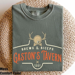Grappig Gaston's Tavern-shirt, Gaston Brews & Biceps Tavern-shirt, Belle en het Beest-shirt, Disney-schurk, Gaston Gym-shirt, Gaston's Bar afbeelding 2
