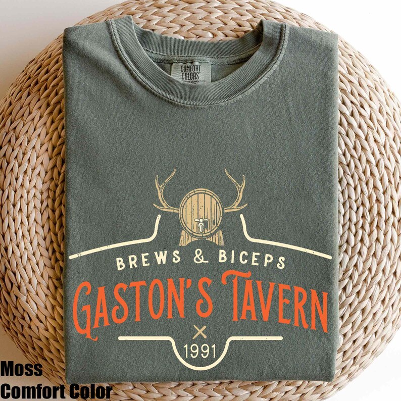 Grappig Gaston's Tavern-shirt, Gaston Brews & Biceps Tavern-shirt, Belle en het Beest-shirt, Disney-schurk, Gaston Gym-shirt, Gaston's Bar afbeelding 2