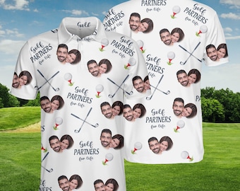 Golf Partners for Life Polo Shirt with Custom Face Photo Portrait, Golfing Couple Matching Shirt, Personalized Short Sleeve Golf Lover Shirt