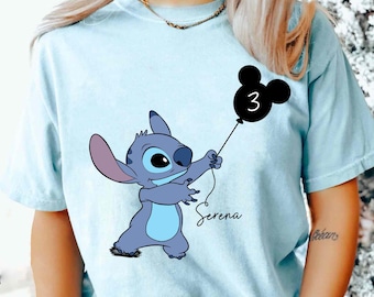 Camiseta personalizada con nombre y edad para niño y globo de Mickey, Lilo y Stitch, regalo de cumpleaños para niño y niña de Disneyland.