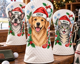 Custom Dog Name & Photo Christmas Golf Head Cover, Personalized Santa Hat Pet Portrait Driver Cover, Xmas Gift for Dog Lover