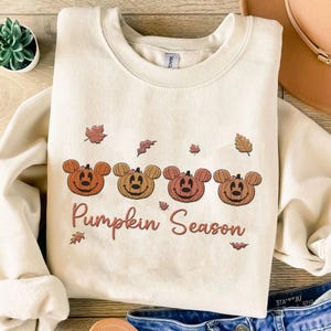 Embroidered Mickey Mouse Head Pumpkin Season Sweatshirt, Disney Autumn Leaves Embroidery Sweater, Mickey Fall Season Shirt, Halloween Party