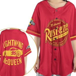 Rust-Eze Cars Lightning Mcqueen Radiator Springs 2 Sided Baseball Jersey Shirt,  Sport Outfits,  World Disneyland Trip Birthday