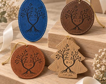 Custom Couple Initials and Date Tree of Life Ornament, Personalized Leatherette Christmas Decor, Wedding Keepsake, Anniversary Gift