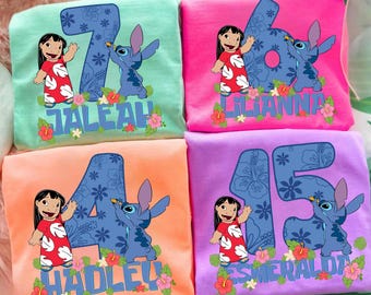 Camiseta de cumpleaños personalizada de Lilo y Stitch, camiseta personalizada de Disney con nombre y edad para niños, camiseta de cumpleaños personalizada de Disney Stitch, regalo de cumpleaños para niño y niña.