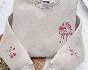 Felpa con fiocco di ciliegie ricamato di Minnie Mouse per San Valentino, ricamo personalizzato del nome sul pigiama, maglione Disney accogliente, regalo di San Valentino
