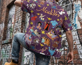 Aladdin-gruppens karaktärer Hawaiiskjorta, Jasmine Genie Jafar, Hawaiiskjorta, Disneyland-familjens sommarresa, Outfits för världen