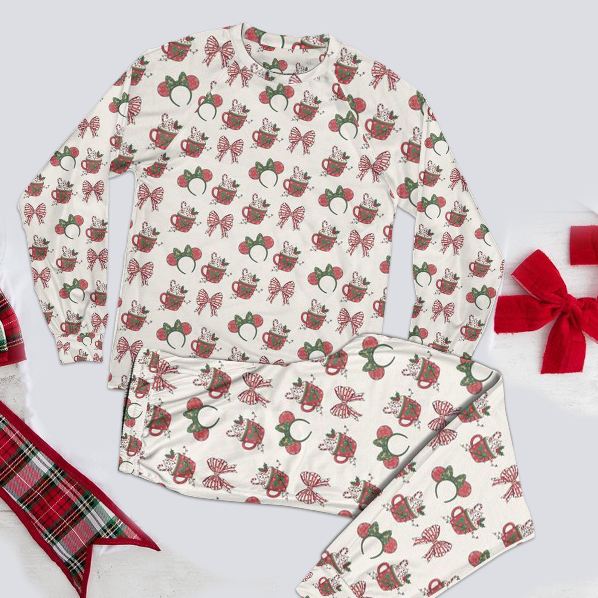 Discover Watercolor Disney Christmas Pajamas, Minnie Bow Ears Hot Cocoa Mug Holiday Sleepwear, Cozy Disney Outfit, Disneyland Family Xmas Pajamas Set