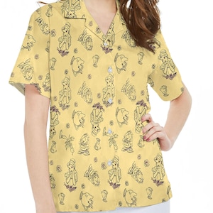 Disney Beauty And The Beast Hawaiian Shirt, Belle Lumiere Mrs Potts Chip Cogsworth Line Art Hawaii Shirt, Disneyland Family Summer Vacation