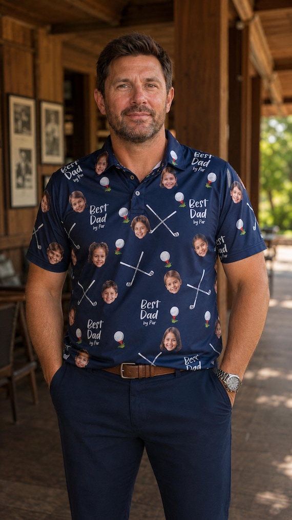 Best Dad By Par Polo Shirt with Custom Kid Face Photo Portrait, Father's Day Gift, Personalized Short Sleeve Golf Lover Shirt, Dad Birthday