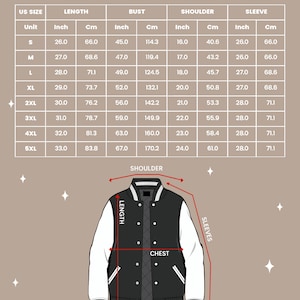 May include: Size chart for a bomber jacket with measurements in inches and centimeters. The chart shows the length, bust, shoulder, and sleeve measurements for sizes S through 5XL.